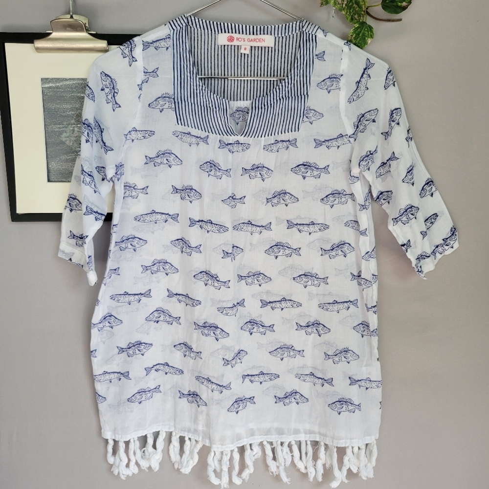 Ro's Garden Tassel‎ Hem Fish Print Cover Up Beach Dress 8